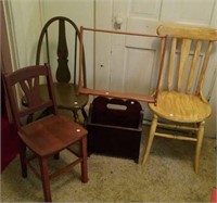 Wood chairs (3), magazine rack, display rack.