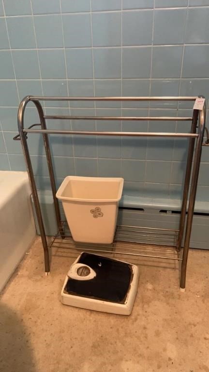 Bathroom Rack, Scale, and Trash Bin