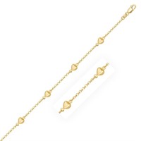 14k Gold Puffed Heart Stations Rolo Chain Bracelet