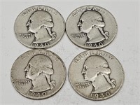 4- 1940 S Washington Silver Quarter Coins