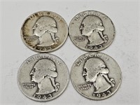 4-1943 D Washington Silver Quarter Coins