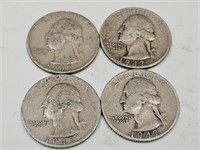 4- 1947 S Washington Silver Quarter Coins