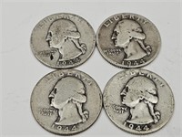 4-1944 D Washington Silverf Quarter Coins