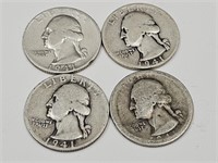 4-1941 S  Washington Silver Quarter Coins