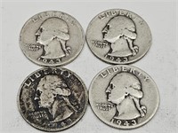 4-1943 S Washington Silver Quarter Coins