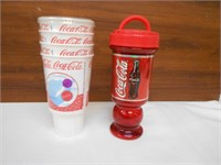 4 NEW Coca Cola Cups & Tin Coke Bottle