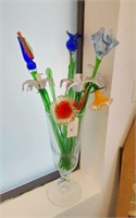 GLASS FLOWERS IN LARGE GLASS VASE-