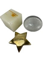 Nice Trio of Paperweights/Brass, Glass, and Marble