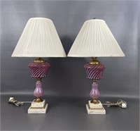 Pair Of Cranberry Swirl Glass Table Lamps