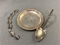 Sterling Silver Plate, Bracelet & Condiment Spoon
