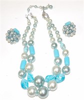 Vintage Light Blue Beaded Choker Necklace Set
