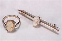 9ct Gold Cameo Brooch and Ring,