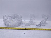 Pinwheel heavy crystal bowl, and 2 footed vases