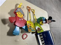 Mickey Mouse bank- 2 metal toy shovels- accordion