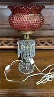 Cranberry Hobnail Lamp with Prisms