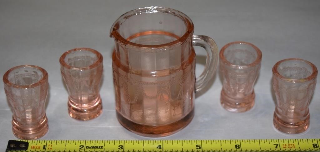 Vtg Mosser Jennifer Mini Pink Flower Pitcher &Cups