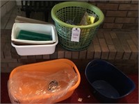 2 laundry baskets; sink wash tubs; plastic