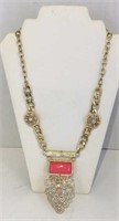 Large goldtone and pink rhinestone necklace