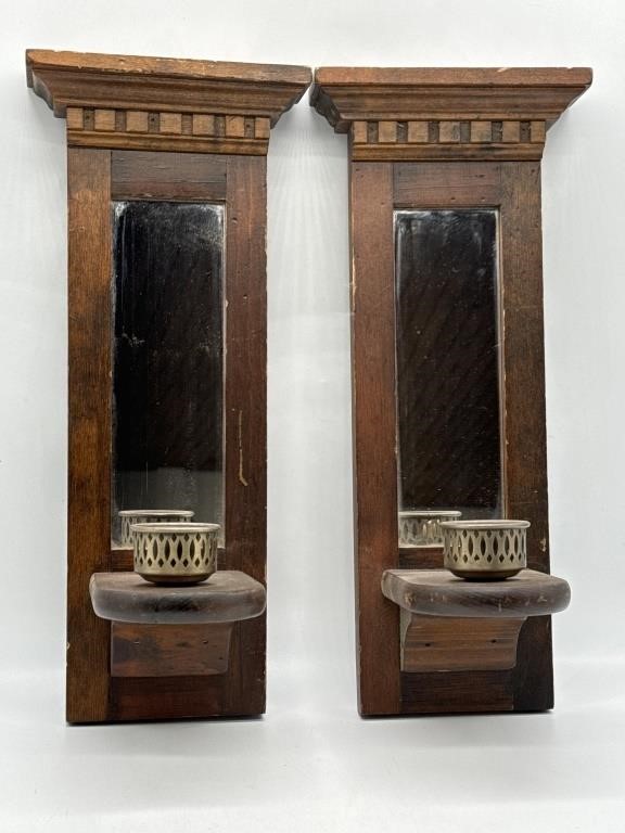 Vintage Pair of Wood Wall Sconces with Mirrors