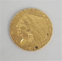 1912 Fine Gold Indian Head Eagle Five Dollar Coin.