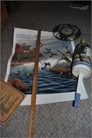 clock, duck poster, painted buoy