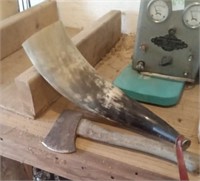 HATCHET AND A BULL HORN IN WOOD TRAY