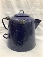Large Enamel Blue Speckled Coffee Pot, 11”T