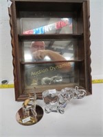 Display Shelf, Small & Two Glass Elephants