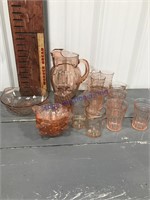Pink glass pitcher & bowl