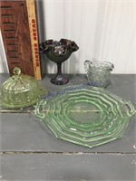 Glassware- green clear creamer, blue candy dish
