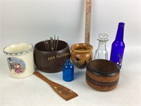 Decorative wood bowls.  Wood nut cracking set