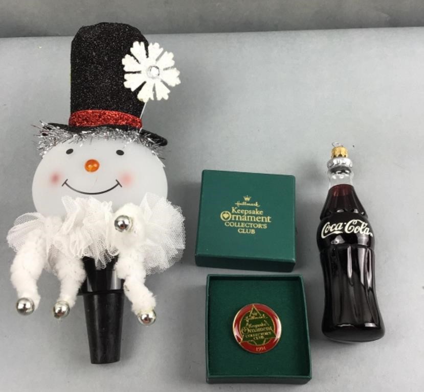 Light up snowman, collectors pin, and Coca Cola