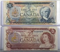 Vintage 1972 & 1974 Canadian $5 & $2 Paper Bills