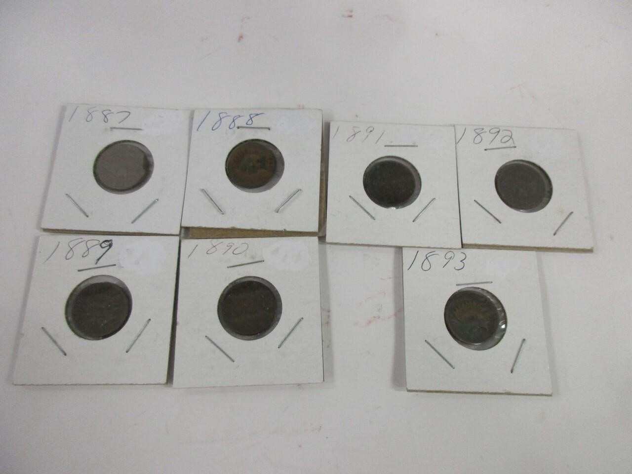 7 Indian head pennies 1887-1893 complete order
