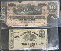 Confederate $10 Bill & North Carolina 10¢ Currency