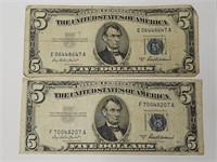 2- 1953 5 Dollar Blue Seal Notes