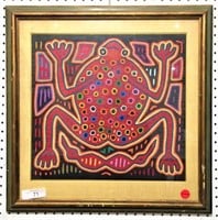 Mola Frog Fabric Art in Frame
