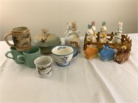 Assorted ceramics, bunnies, mugs, studio pottery
