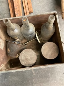 Antique Crate, Coffee Tins, and Bottles