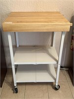 Collapsible oak top rolling kitchen cart with two