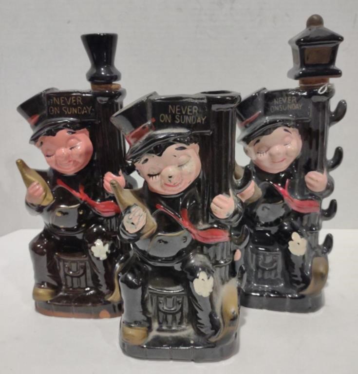 Ceramic Drunkard "Never on Sunday" Decanters, 10"