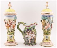 Figural Capodimonte Pitcher and Pair of Vases
