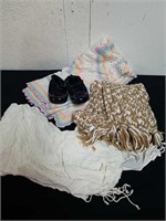 Scarves, baby afghan, and toddler shoes