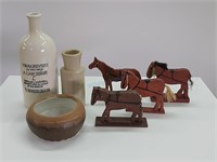 Stoneware Crock Pottery + Folk Art Wooden Horses