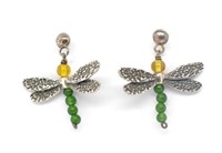 Vintage silver dragonfly & bead earrings