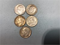 Five Roosevelt dimes, 1960 to 1964