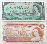 Billets de 1$ 1967 CANADA et 2$ 1974 CANADA