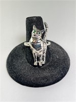 Solid Sterling Emerald Eyed Cat Ring 7 G Size 8.75