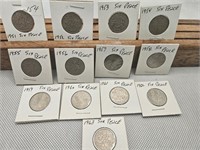 13 SIX PENCE COINS 1951 TO 1963 IN SERIES