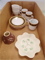 BELLEEK DISH, PORCELAIN DEMITASSE CUPS & SAUCERS.